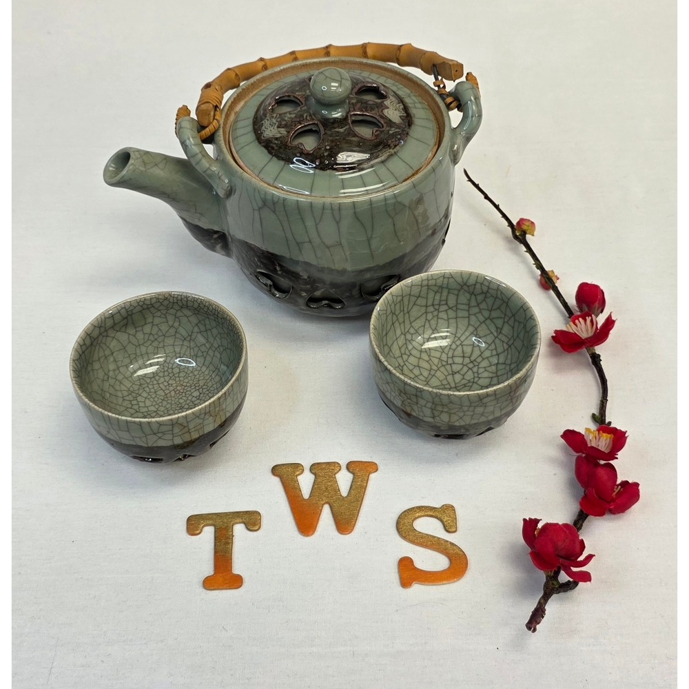 Japanese Crackle Glaze Celadon Tea Set Bamboo Handle Teapot and 2 Cups Heart Cut